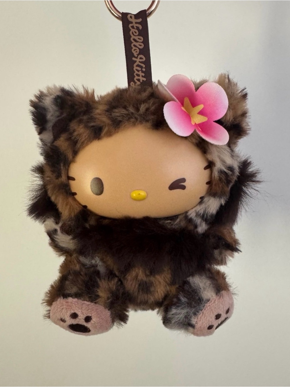 Hello Kitty Brown Faux Fur Plush Keychain with Pink Flower
